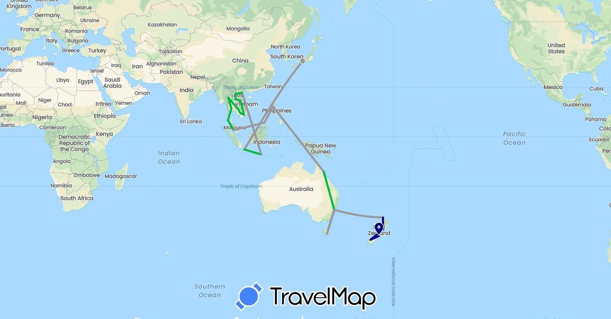TravelMap itinerary: driving, bus, plane in Australia, Indonesia, Japan, Cambodia, Laos, Malaysia, New Zealand, Philippines, Thailand, Vietnam (Asia, Oceania)